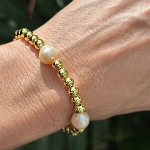Gold-Filled Beaded Stretch 6.75" Stretch Bracelet Freshwater Pearls Round Beads
